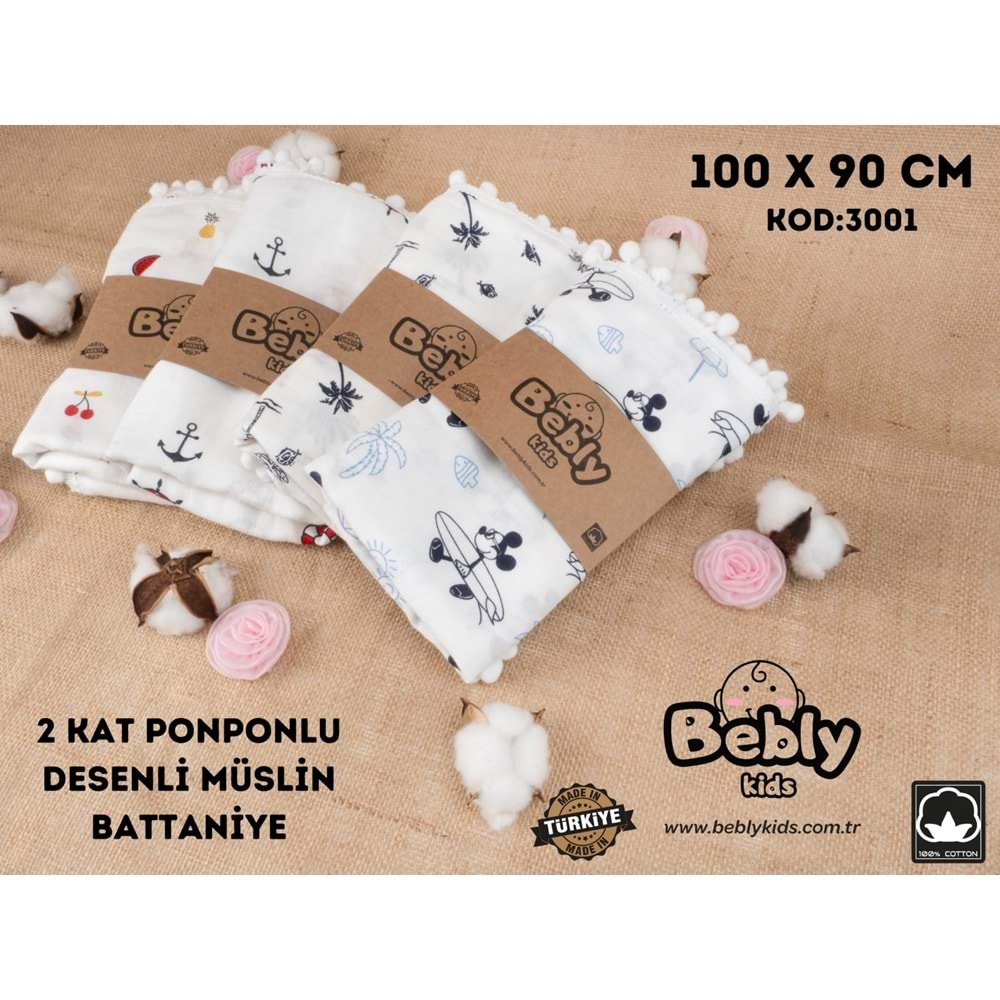 BEBLY TEK KAT PONPONLU MÜSLİN BATTANİYE 2 - PALMİYE